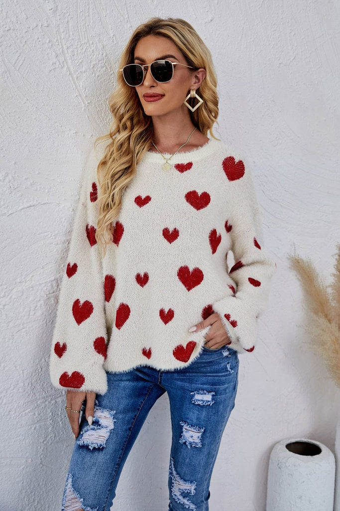 Heart Print Fuzzy Rundhals Langærmet Sweater